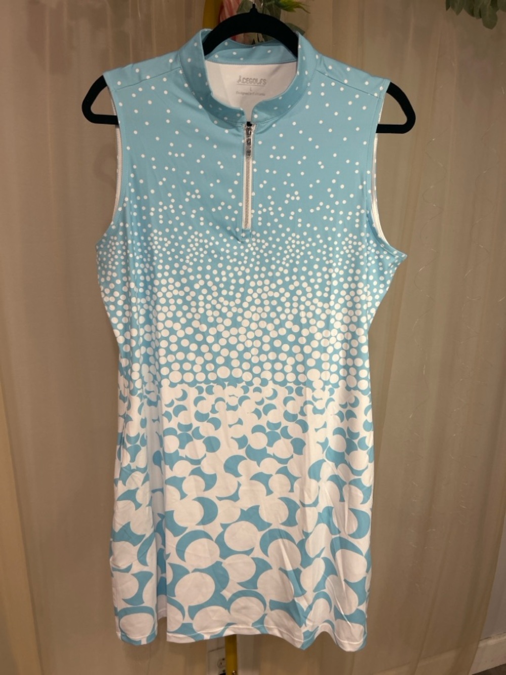Acegolfs Golf Dress UPF Sleeveless Zip Front Blue White Pockets Size L NWT